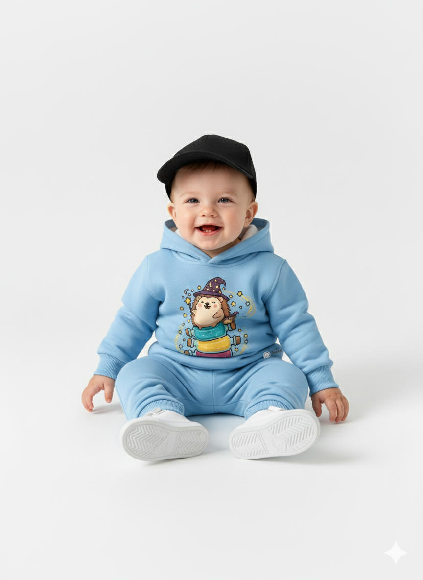 Sky blue Baby Hoodie with Cute Hedgehog Wizard Print – Magical Cartoon sweatshirt (Copy) My Little Co.