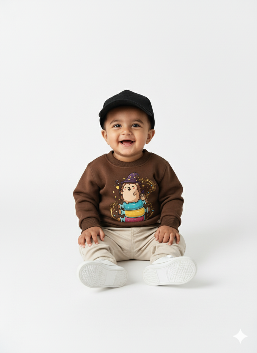 Brown Baby Crew Neck Sweatshirt with Cute Hedgehog Wizard Print – Magical Cartoon Pullover My Little Co.