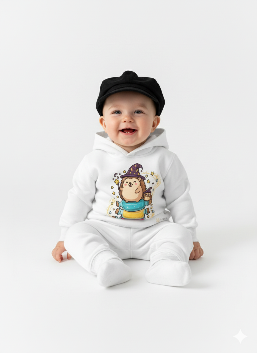White Baby Hoodie with Cute Hedgehog Wizard Print – Magical Cartoon sweatshirt My Little Co.