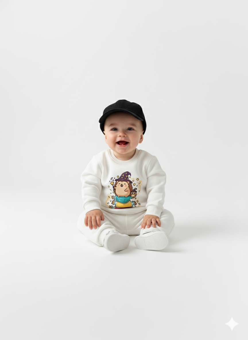 White Baby Crew Neck Sweatshirt with Cute Hedgehog Wizard Print – Magical Cartoon Pullover My Little Co.