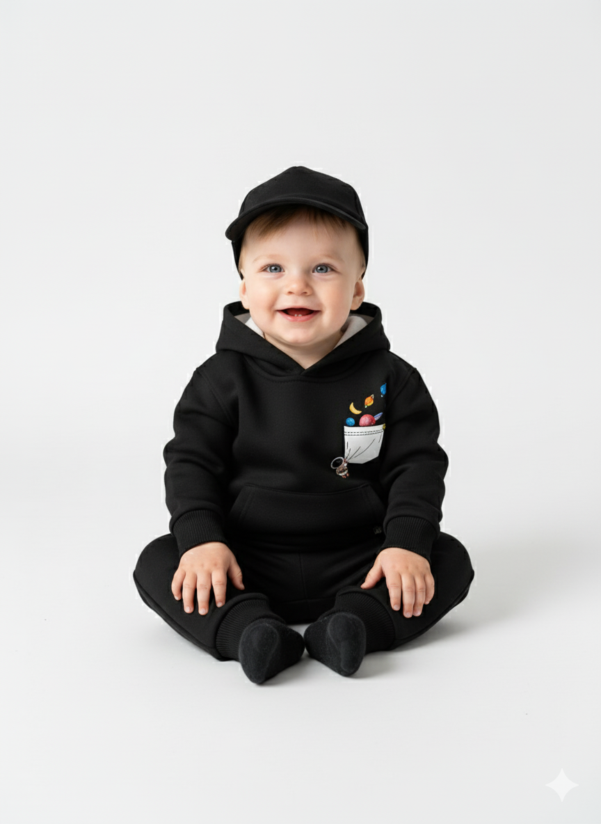 My Little Co. Black Kids Sweatshirt Hoodie Front Pocket | Space Adventure Graphic Winter Wear My Little Co.