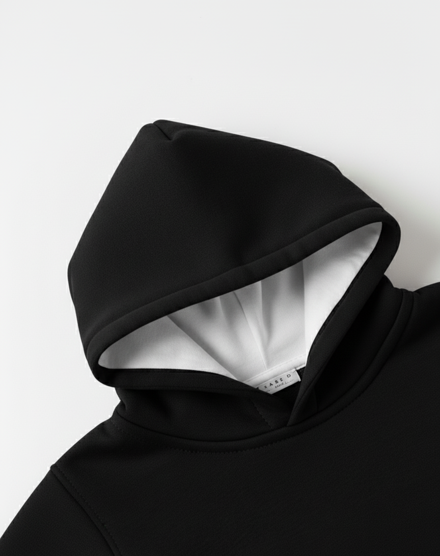 Black hoodie with a white lining on a light gray background