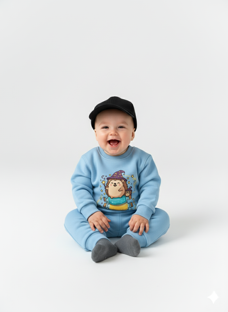 Sky Blue Baby Crew Neck Sweatshirt with Cute Hedgehog Wizard Print – Magical Cartoon Pullover My Little Co.