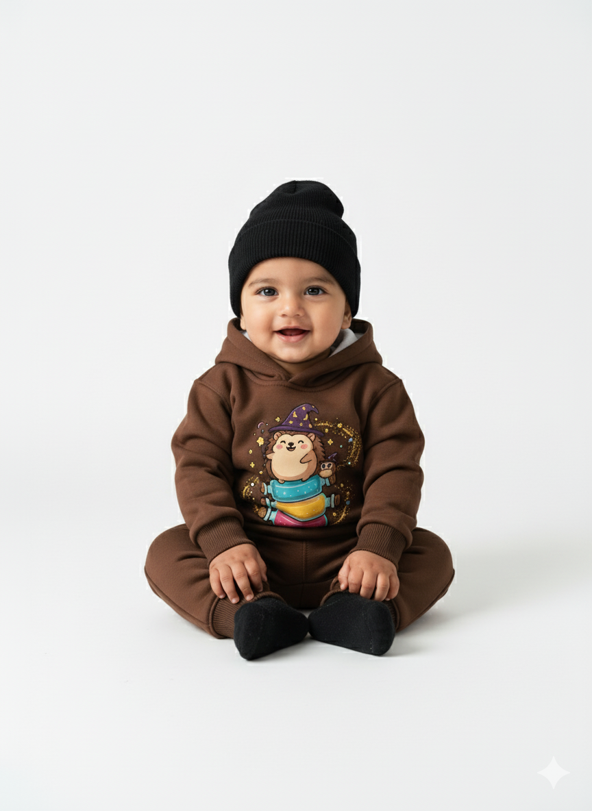 Brown Baby Hoodie with Cute Hedgehog Wizard Print – Magical Cartoon sweatshirt My Little Co.