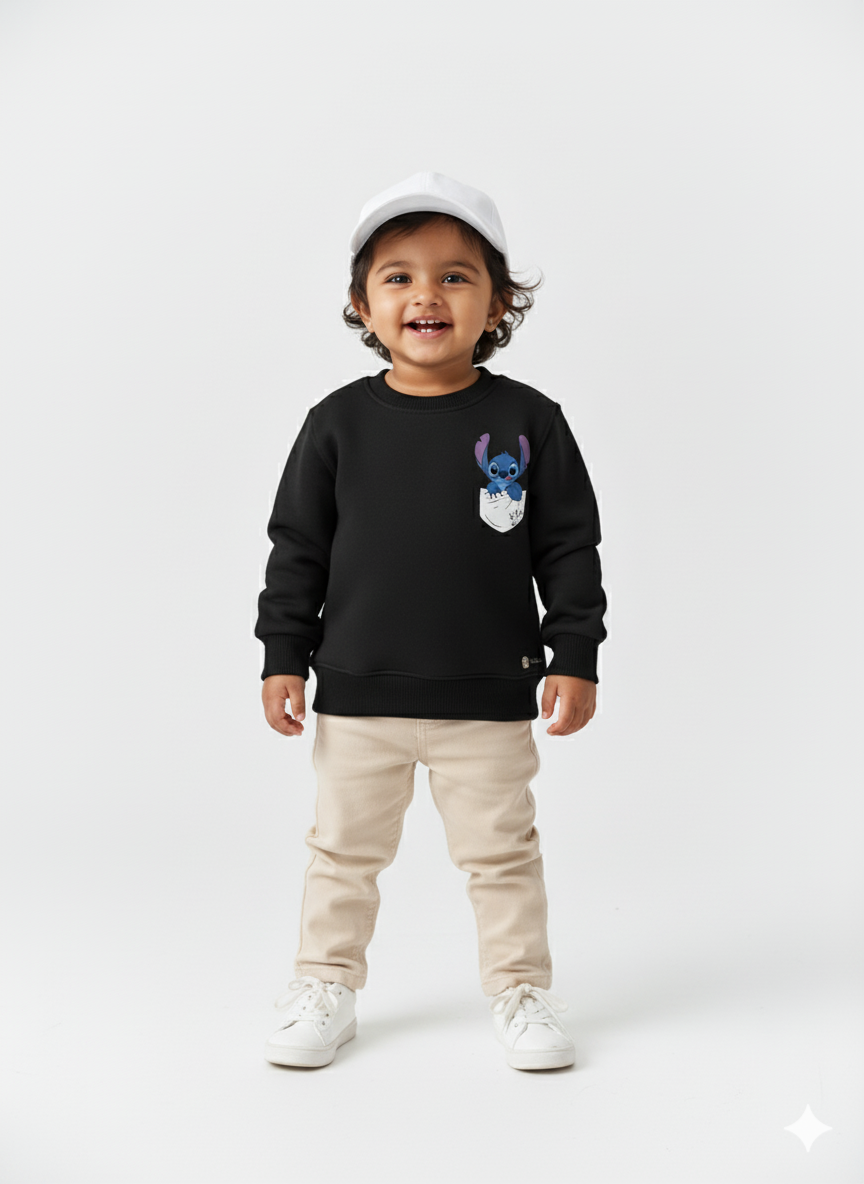 Black Baby Crew Neck Sweatshirt with Stitch Print My Little Co.