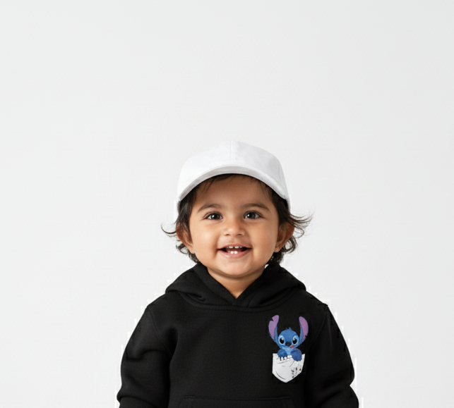 Child wearing a black hoodie with a character design on a white background