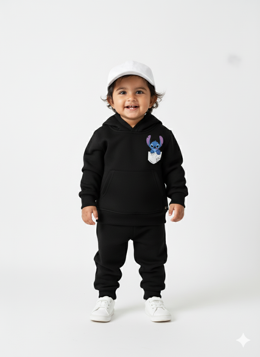 Black Baby Front Pocket Hoodie with Stitch Print – Cute Cartoon Sweatshirt My Little Co.