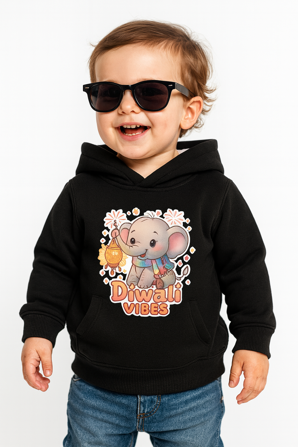 Happy toddler in black Diwali Vibes elephant print hoodie mockup for kids