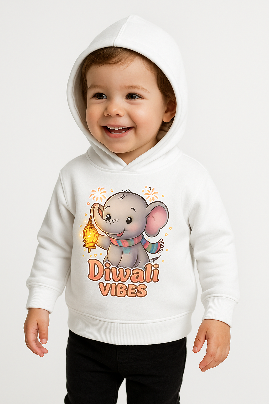 Happy toddler in white Diwali Vibes elephant print hoodie mockup for kids.