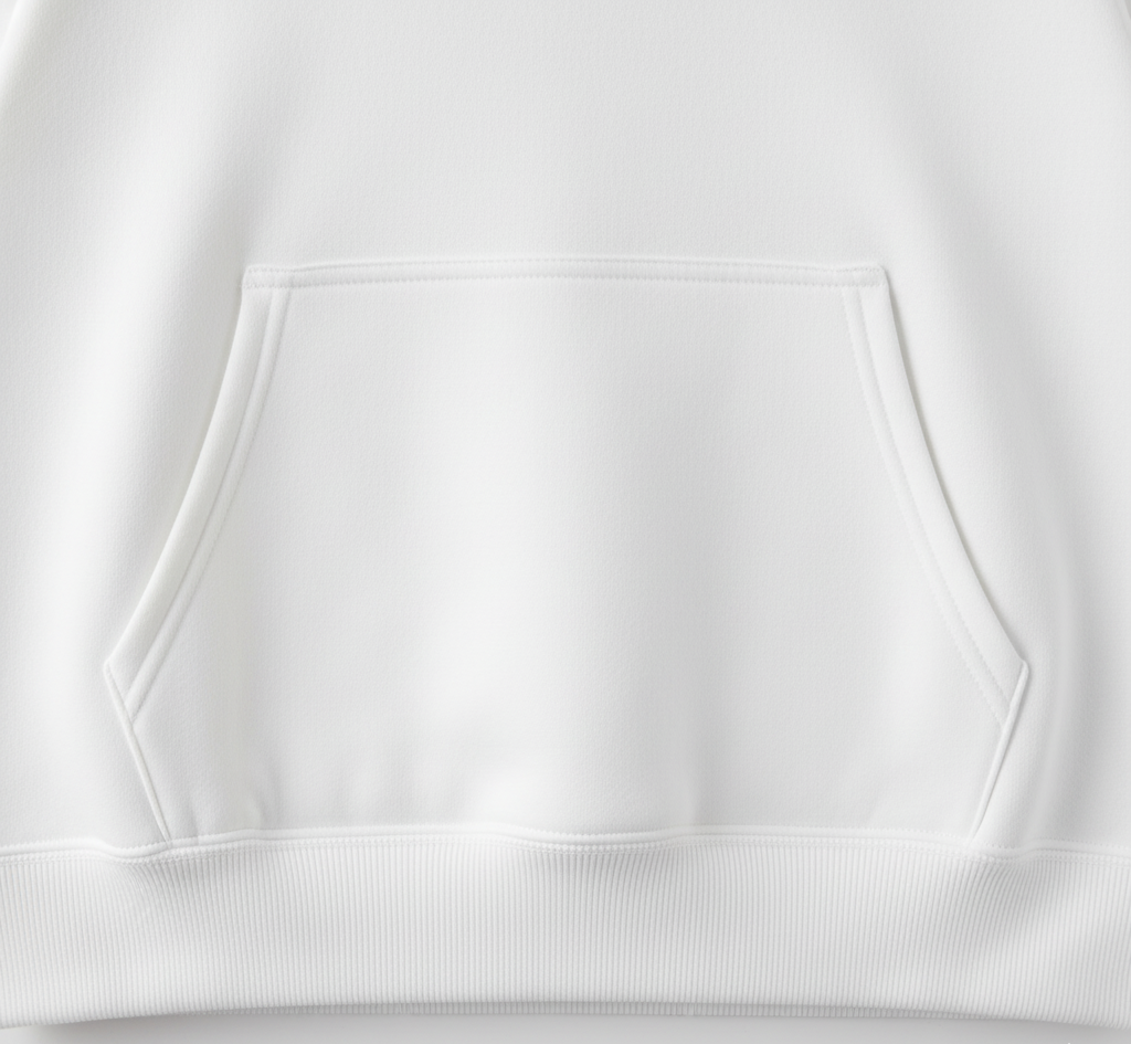 Close-up of a white hoodie with a pocket on a light gray background