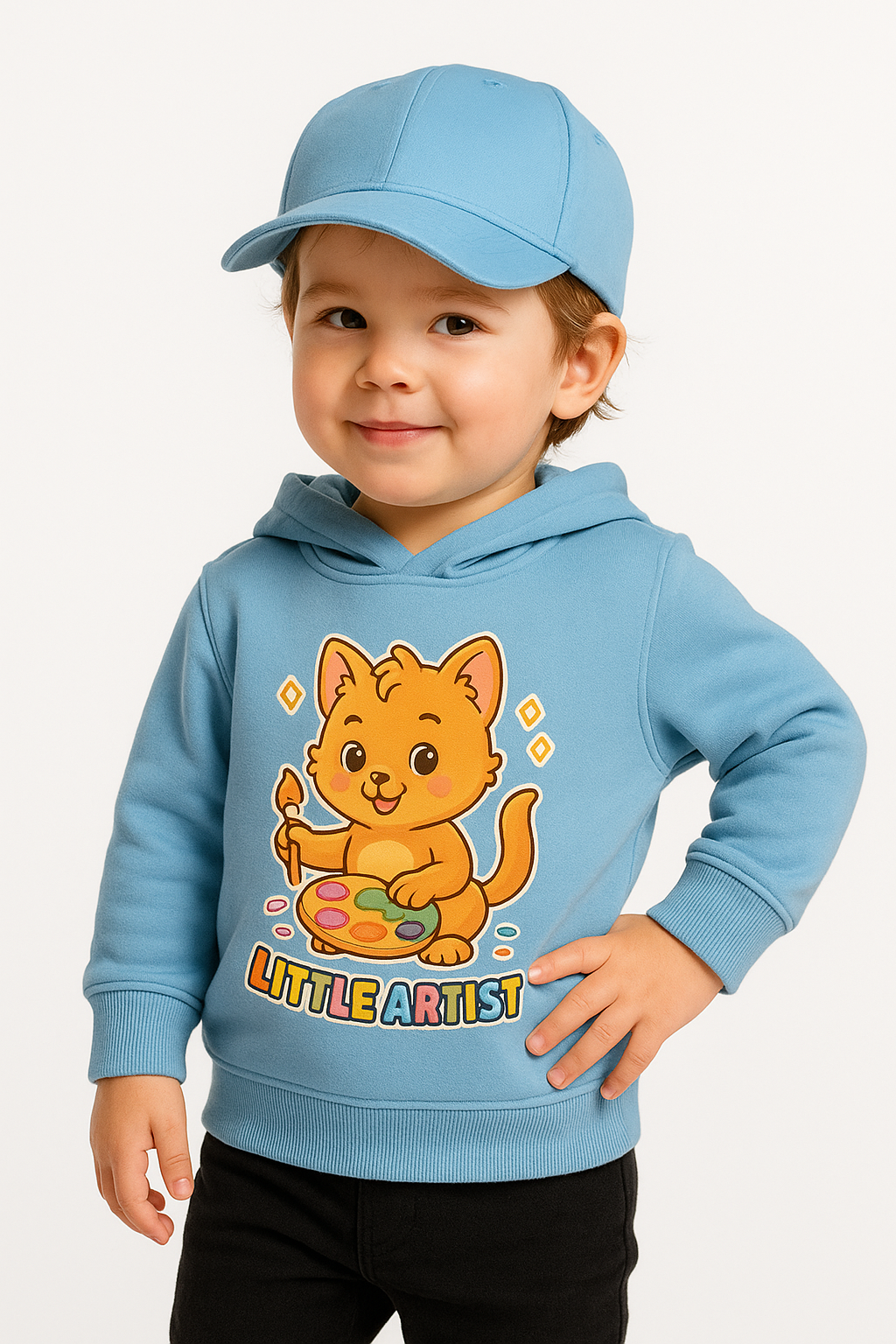 Imaginative toddler wearing Little Artist kitten hoodie (0−6 yrs) on sky blue fabric.
