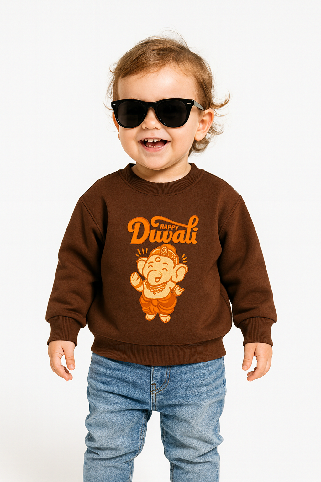 Last-minute Diwali present: Coffee Brown Ganesha crew neck sweatshirt premium cotton (0−6 yrs).