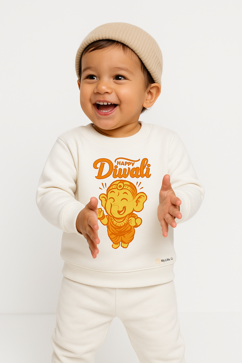 Last-minute Diwali present: White Ganesha crew neck sweatshirt premium cotton (0−6 yrs).