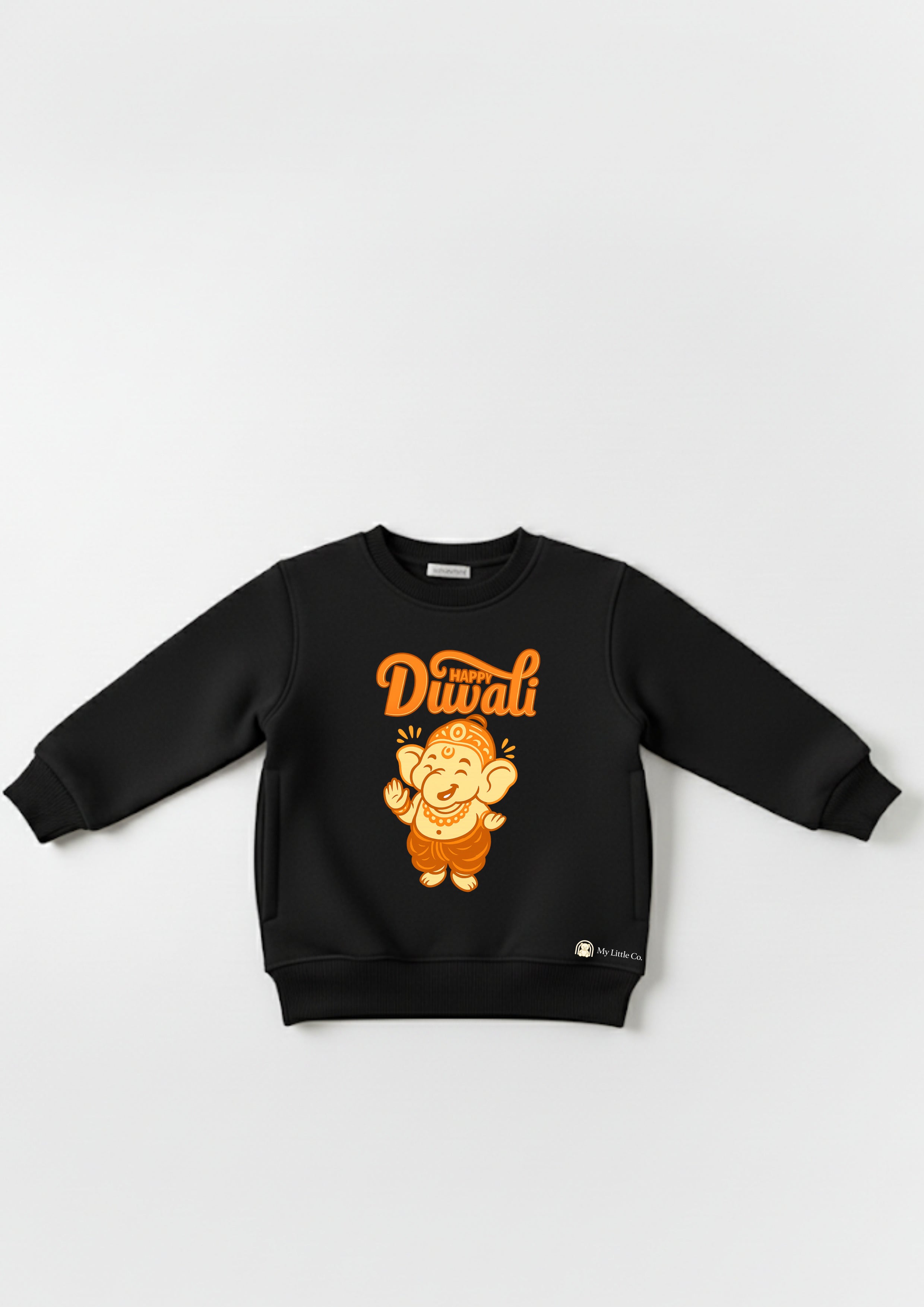 Luxury kids gift Black festive Ganesha sweatshirt for layering. Diwali outfit alternative.