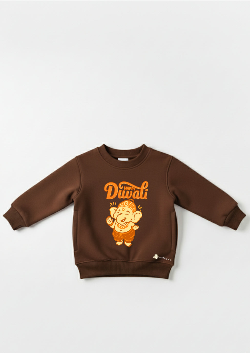 Luxury kids gift Coffee Brown festive Ganesha sweatshirt for layering. Diwali outfit alternative.