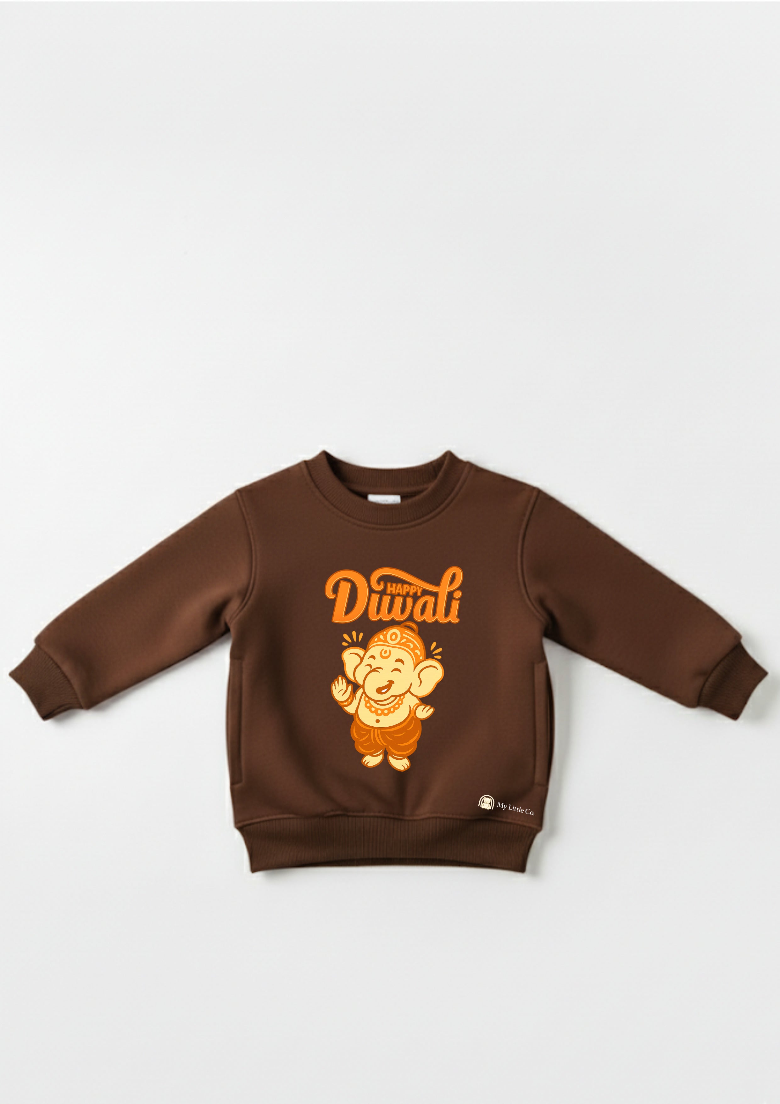 Luxury kids gift Coffee Brown festive Ganesha sweatshirt for layering. Diwali outfit alternative.