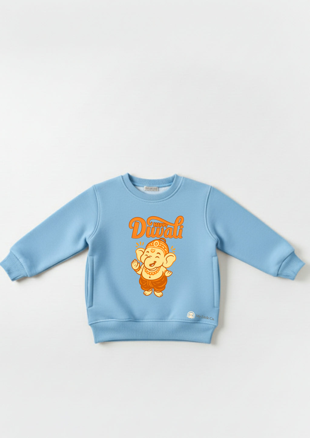 Light blue sweatshirt with orange character and text on a white background