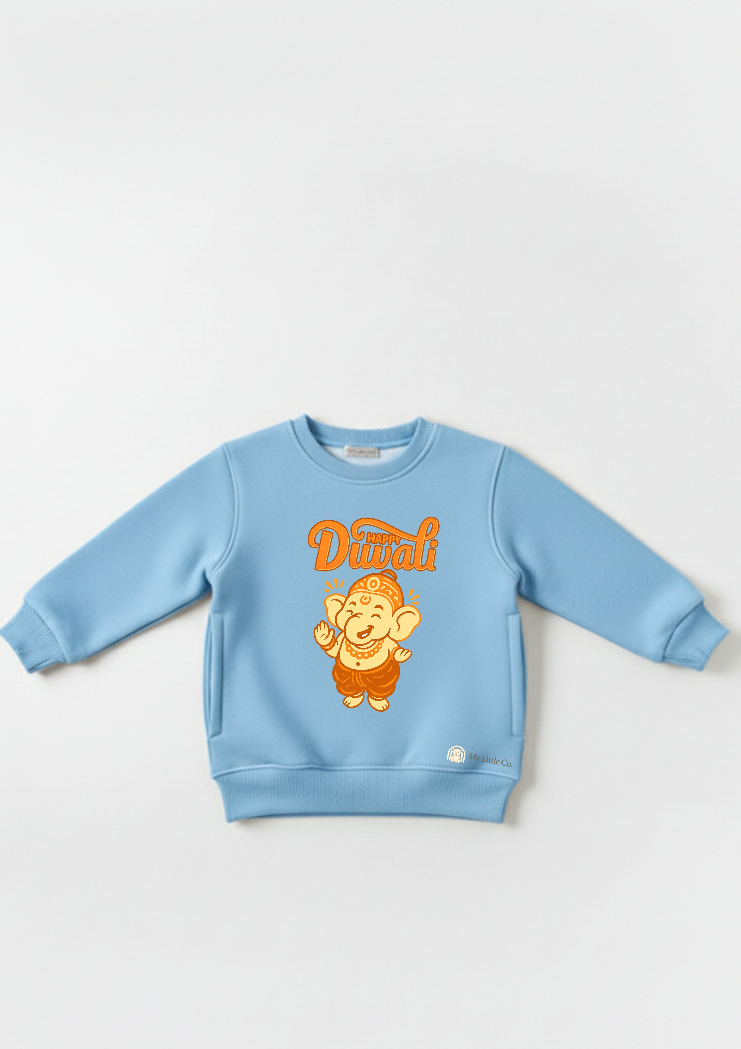 Light blue sweatshirt with orange character and text on a white background