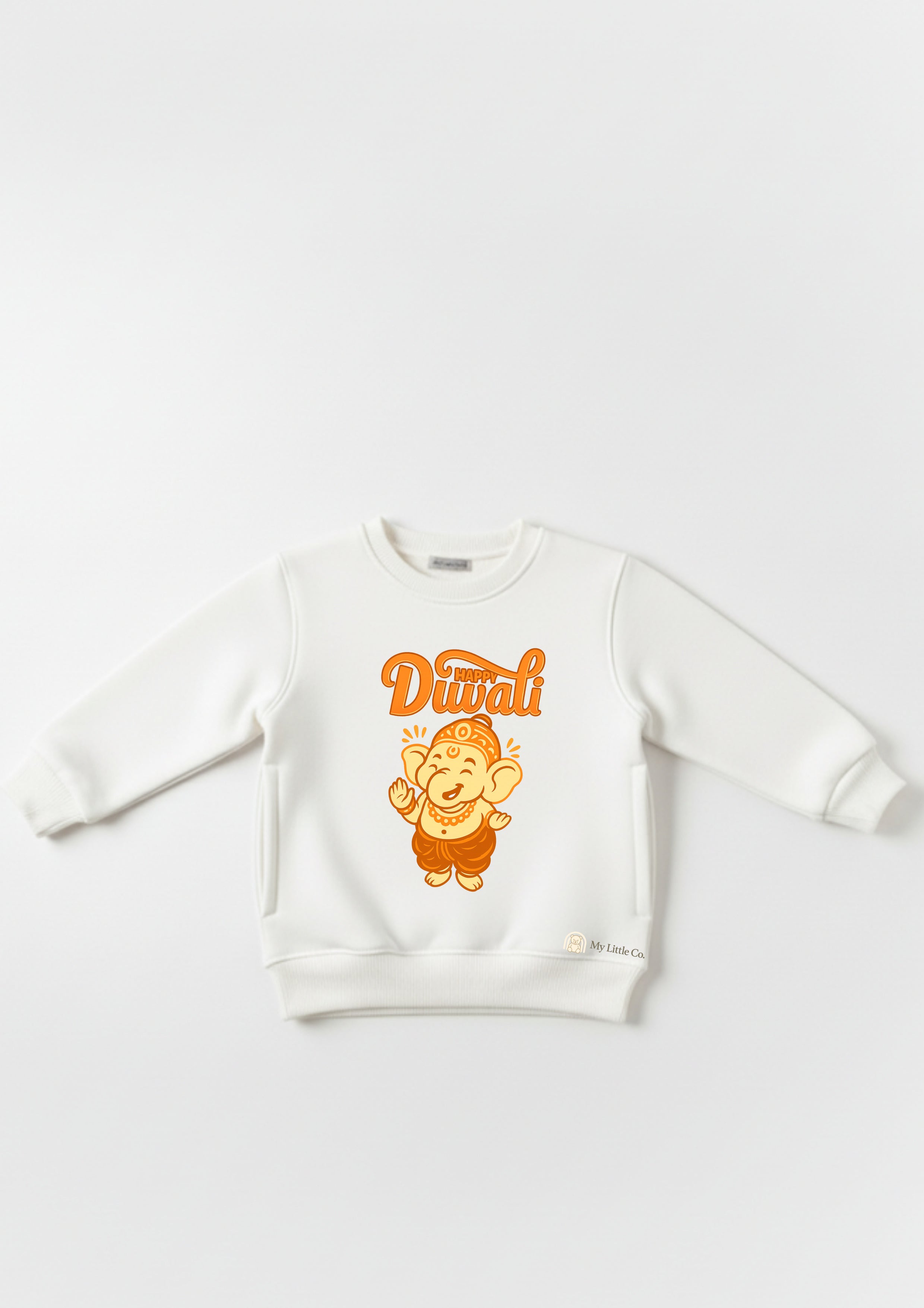 Luxury kids gift White festive Ganesha sweatshirt for layering. Diwali outfit alternative.