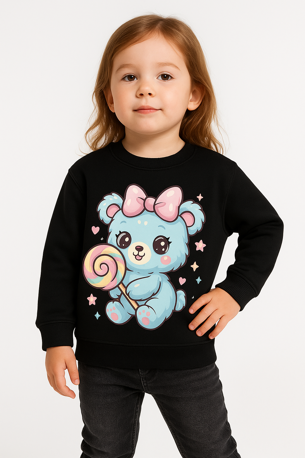 My Little Co. black kids sweatshirt – DTF printed Lollipop Bear