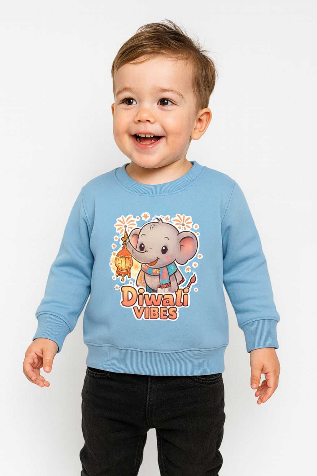 Photo-ready Sky Blue Elephant Diwali Vibes sweater for childhood memories.