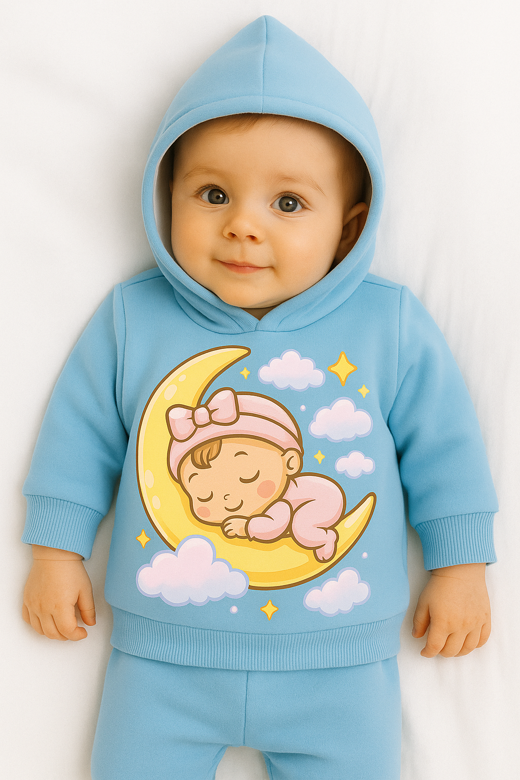 Sky Blue Kids Hoodie – Sleeping Moon Baby DTF Print My Little Co.