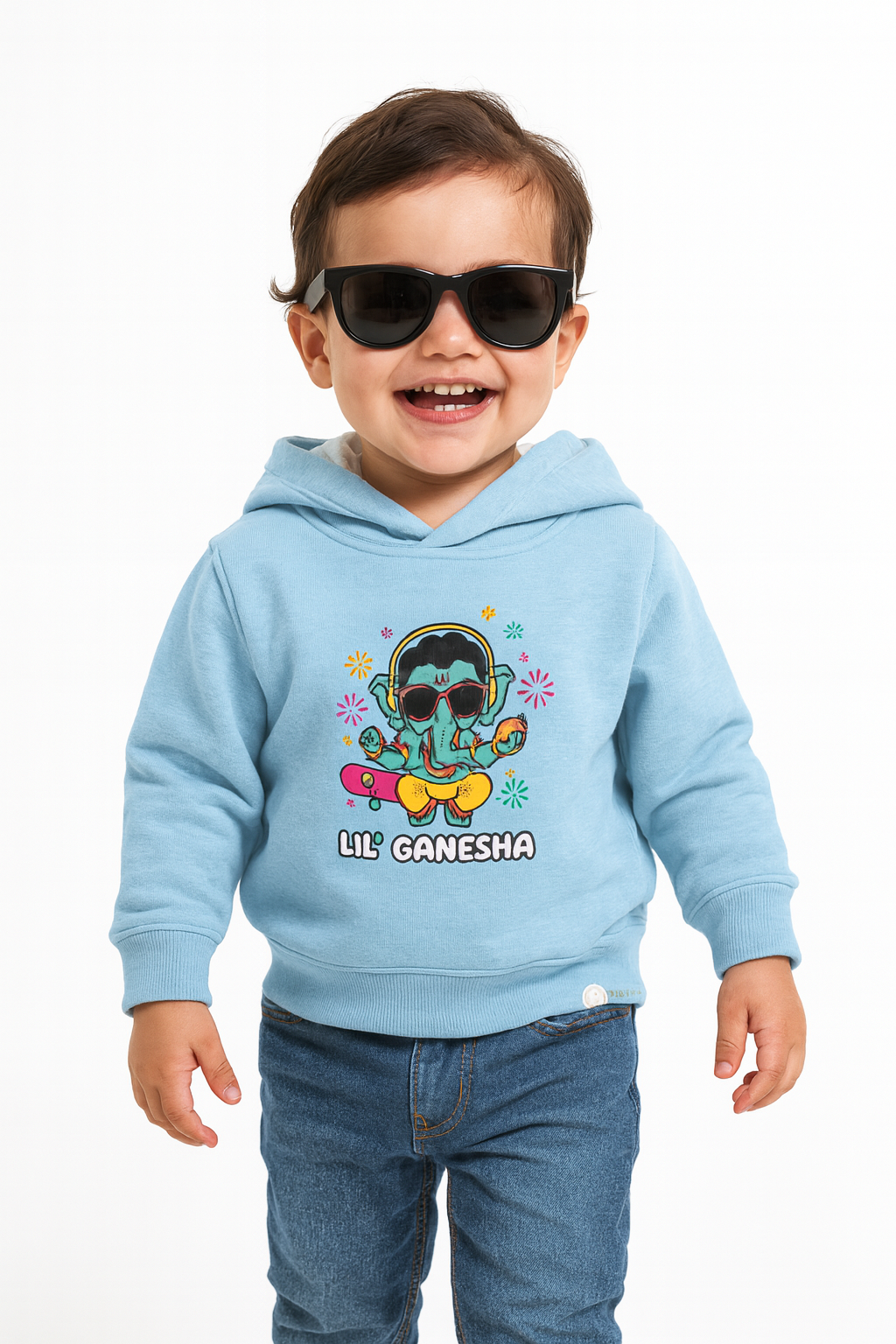 Sky Blue Li'l Ganesha Skateboard print hoodie 100% cotton fleece for toddler ethnic wear.