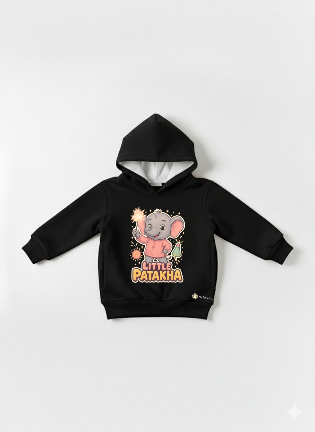 Smiling toddler wearing Little Patakha elephant print black hoodie and sunglasses. Diwali fun.