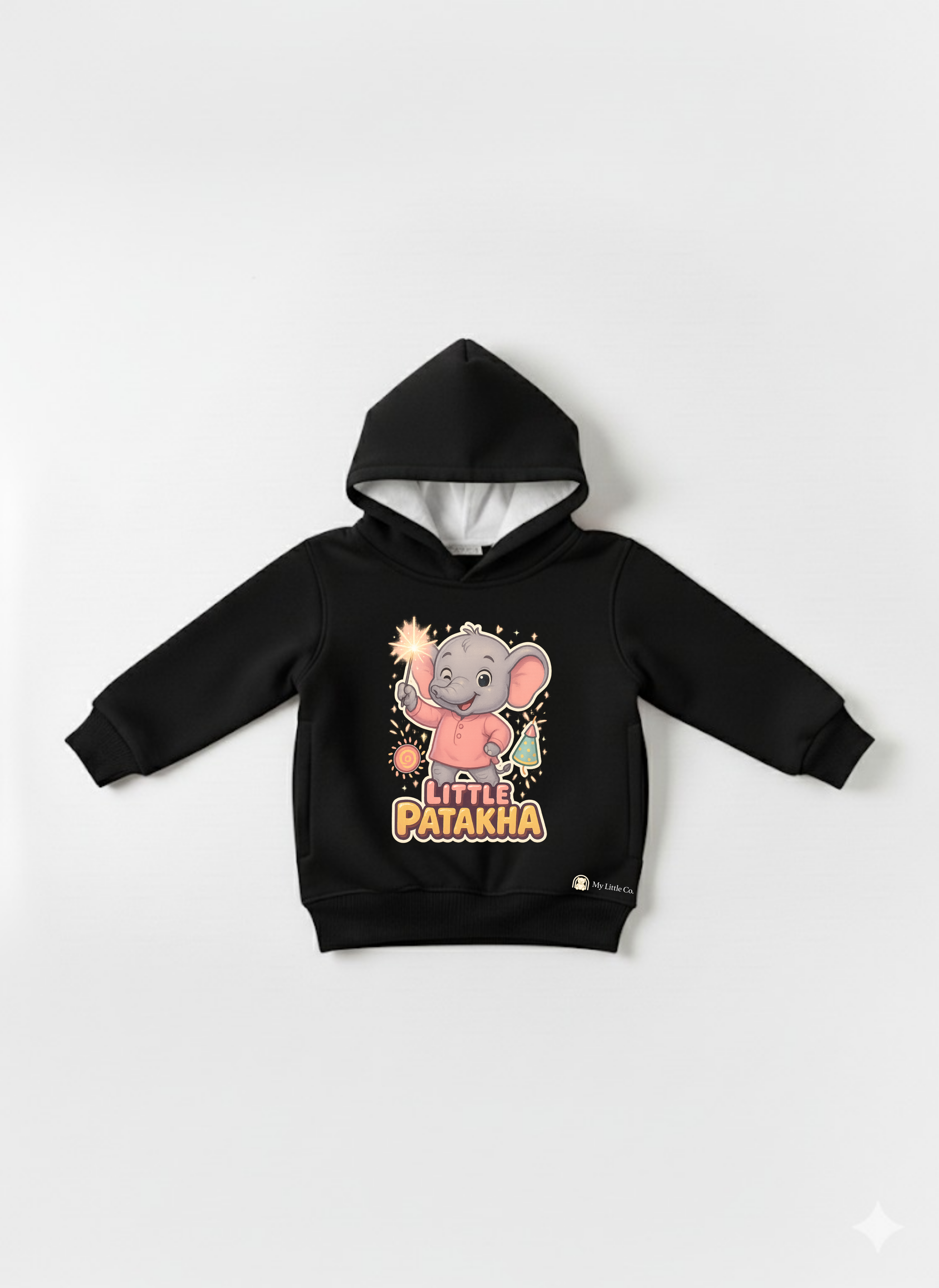 Smiling toddler wearing Little Patakha elephant print black hoodie and sunglasses. Diwali fun.