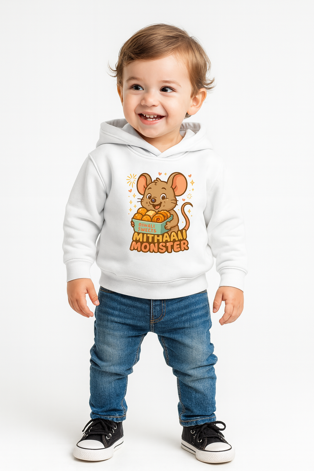 The perfect Diwali Sweets uniform! Mithai Monster mouse hoodie in White (0−6 yrs). Bio-washed cotton fleece for photo-ready comfort. My little co.