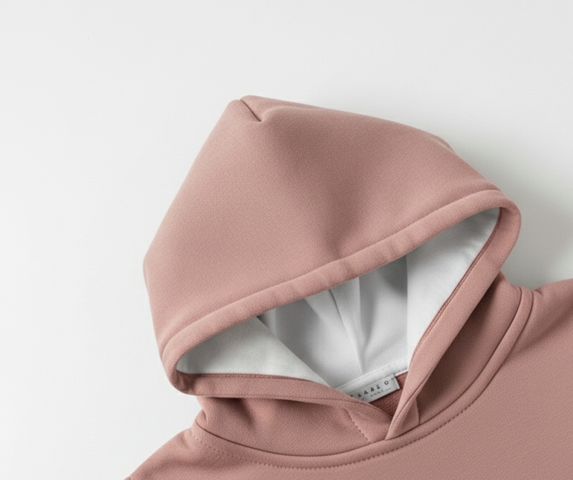 Unisex kid modeling trendy Peach winter hoodie. Stylish fit for festive photos.