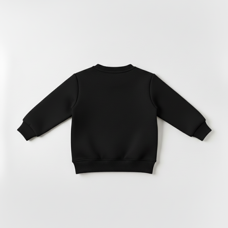 Unisex toddler wearing black crew neck sweatshirt with Ganesha print. Smooth anti-pill fabric.