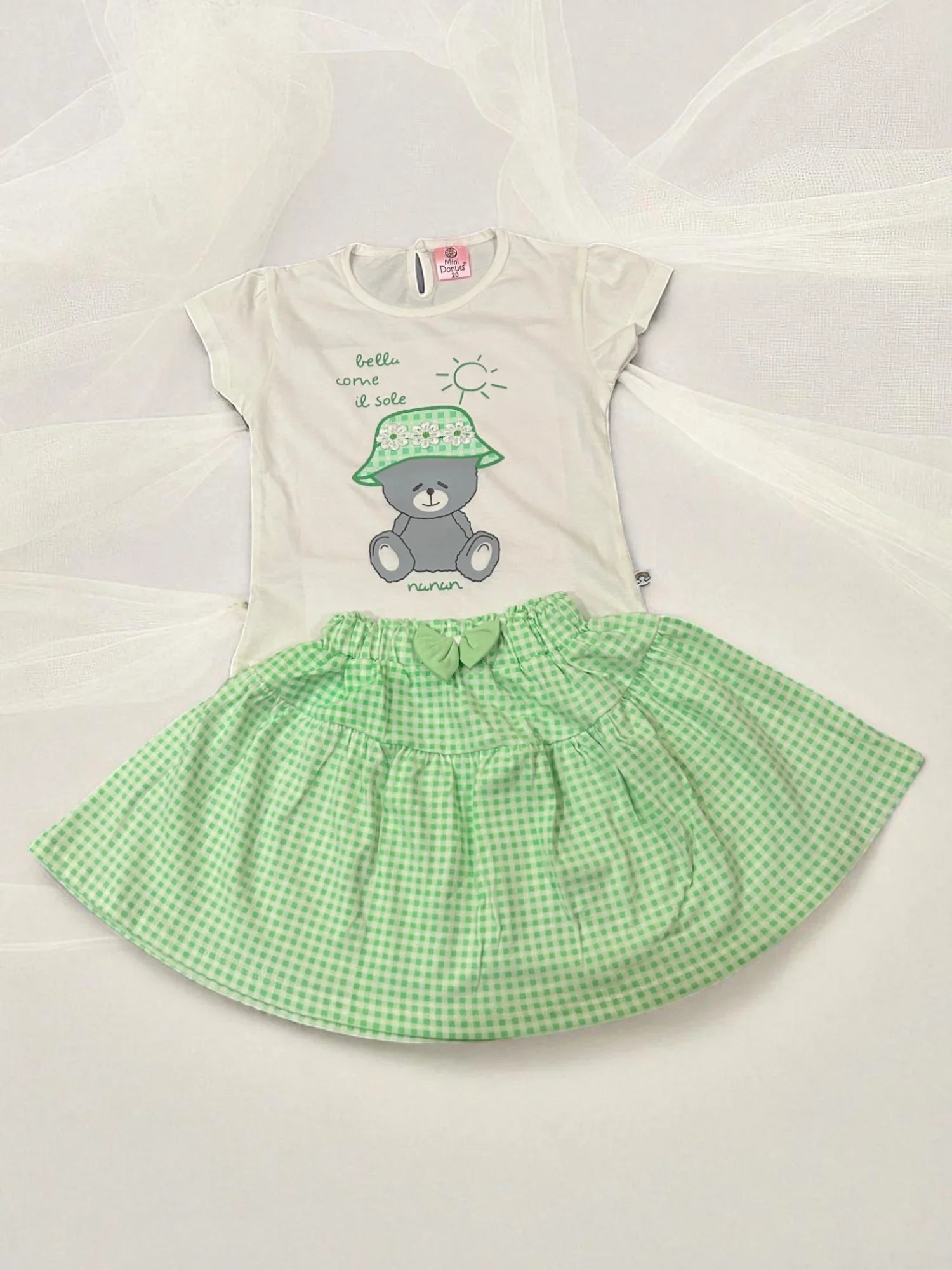 Cute Teddy Print T-Shirt & Green Gingham Skirt Set for Baby Girls - My Little Co.