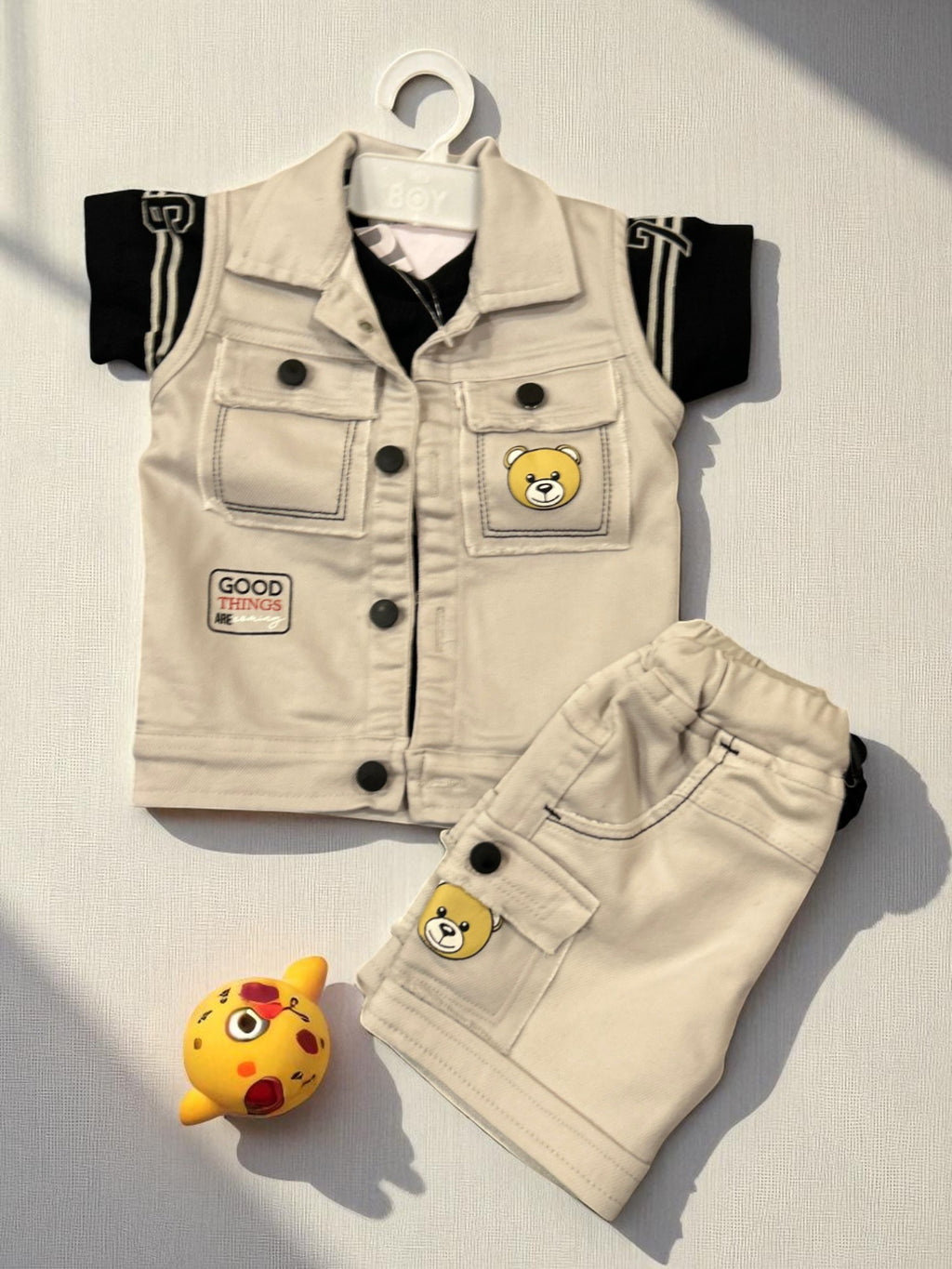 Cute Bear Patch Denim Look Co-Ord Set for Boys – 3-Piece Casual Outfit - My Little Co.