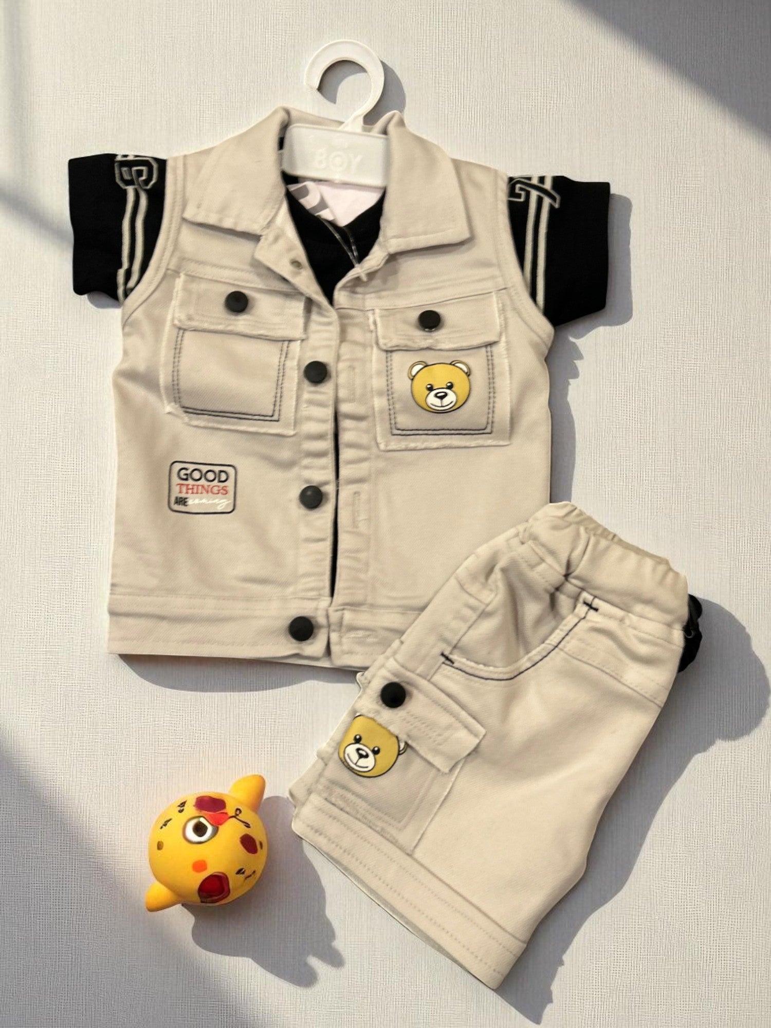 Cute Bear Patch Denim Look Co-Ord Set for Boys – 3-Piece Casual Outfit - My Little Co.