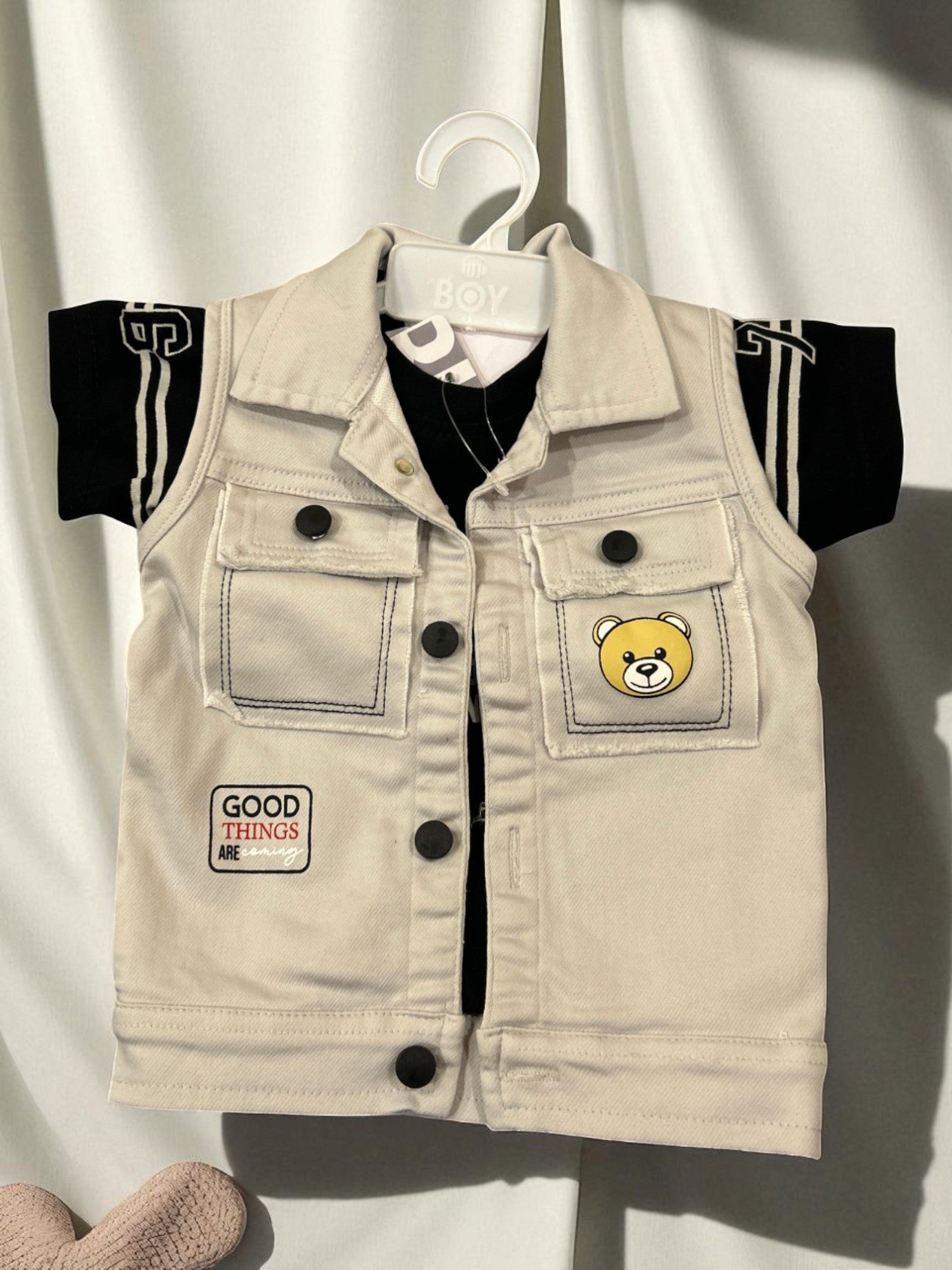 Cute Bear Patch Denim Look Co-Ord Set for Boys – 3-Piece Casual Outfit - My Little Co.