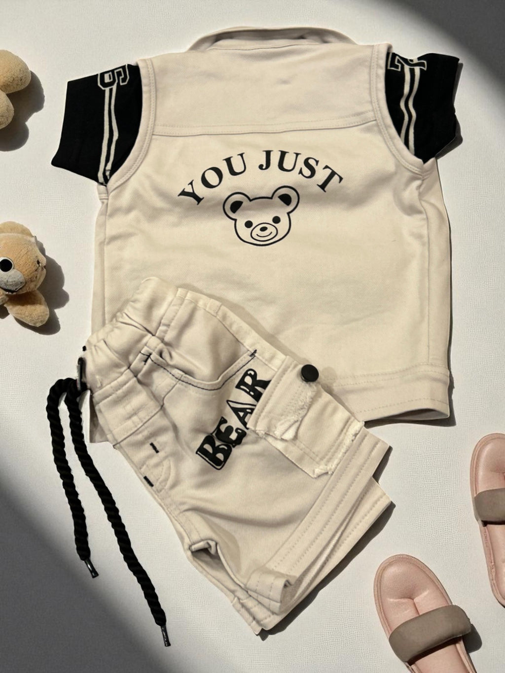 Cute Bear Patch Denim Look Co-Ord Set for Boys – 3-Piece Casual Outfit - My Little Co.