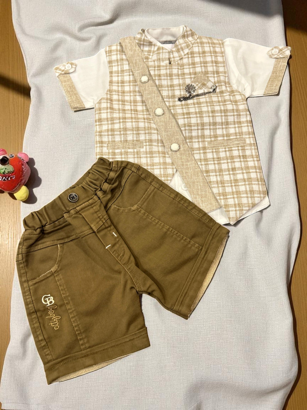 Elegant Beige Checkered Vest & Shorts Set for Boys – Smart Casual Look - My Little Co.