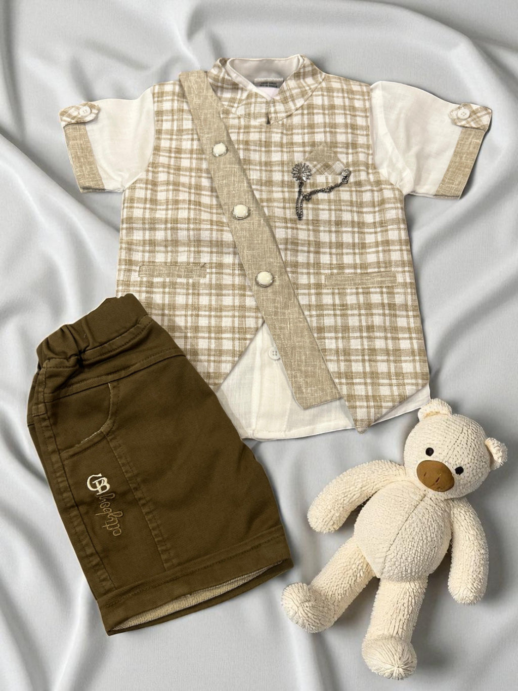 Elegant Beige Checkered Vest & Shorts Set for Boys – Smart Casual Look - My Little Co.