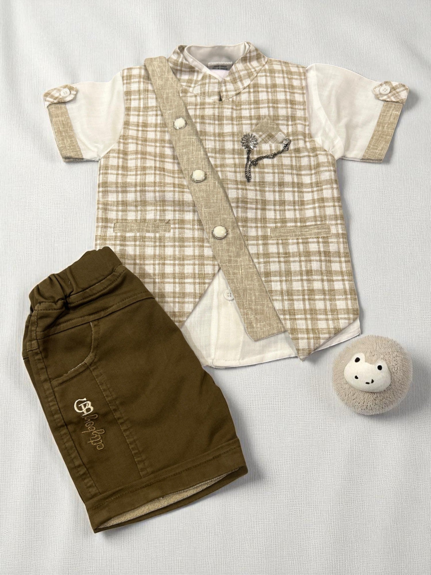 Elegant Beige Checkered Vest & Shorts Set for Boys – Smart Casual Look - My Little Co.