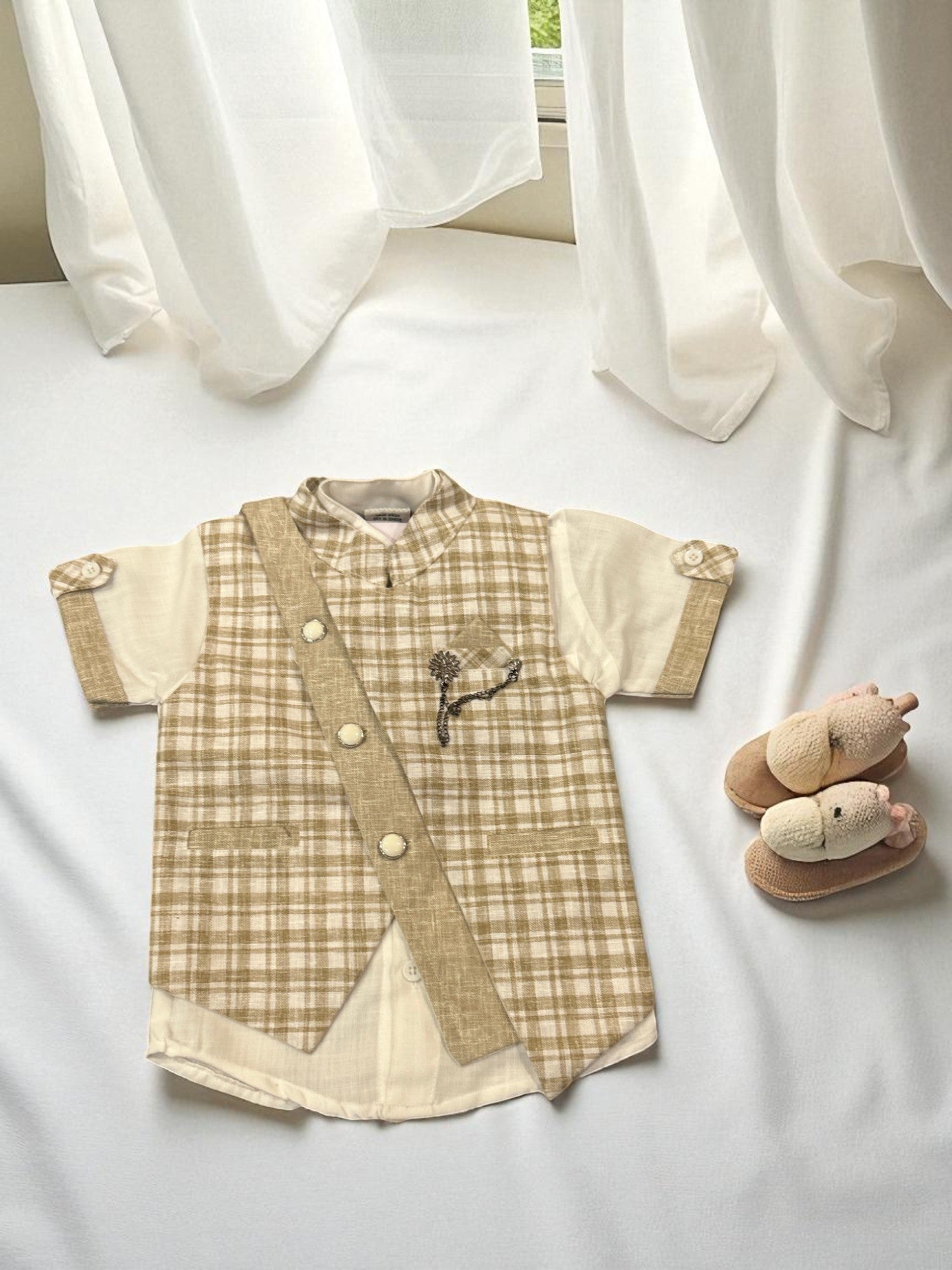 Elegant Beige Checkered Vest & Shorts Set for Boys – Smart Casual Look - My Little Co.