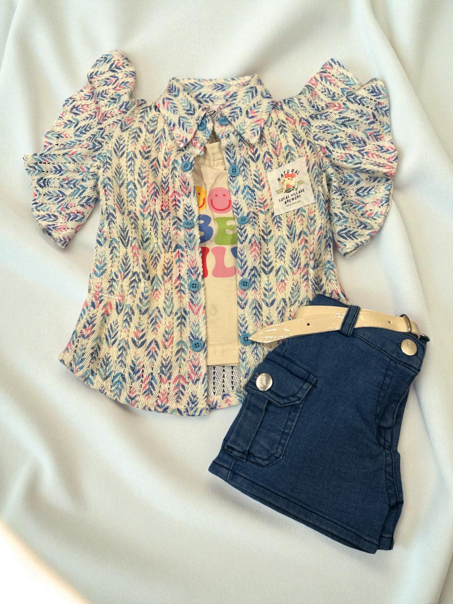 "Be Kind" Summer Shirt & Denim Shorts Set for Girls – 3-Piece Casual Outfit - My Little Co.