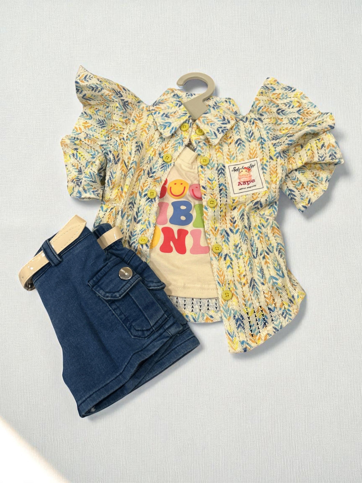 "Be Kind" Summer Shirt & Denim Shorts Set for Girls – 3-Piece Casual Outfit - My Little Co.