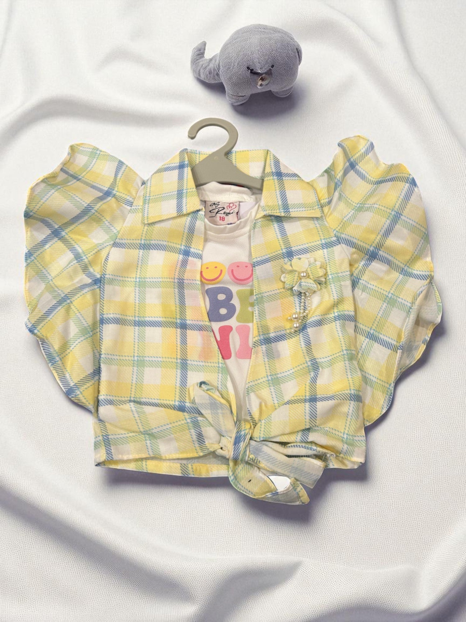Girls 3-Piece Summer Outfit – Printed "Be Kind" Tee, Ruffle Sleeve Shirt & Denim Shorts - My Little Co.