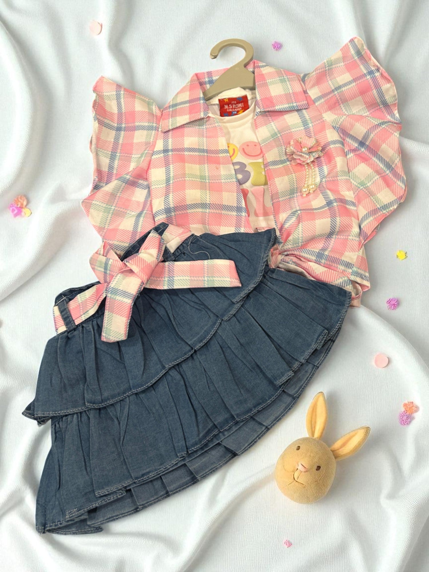 Girls 3-Piece Summer Outfit – Printed "Be Kind" Tee, Ruffle Sleeve Shirt & Denim Shorts - My Little Co.