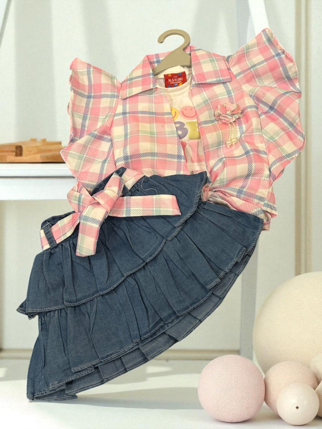 Girls 3-Piece Summer Outfit – Printed "Be Kind" Tee, Ruffle Sleeve Shirt & Denim Shorts - My Little Co.