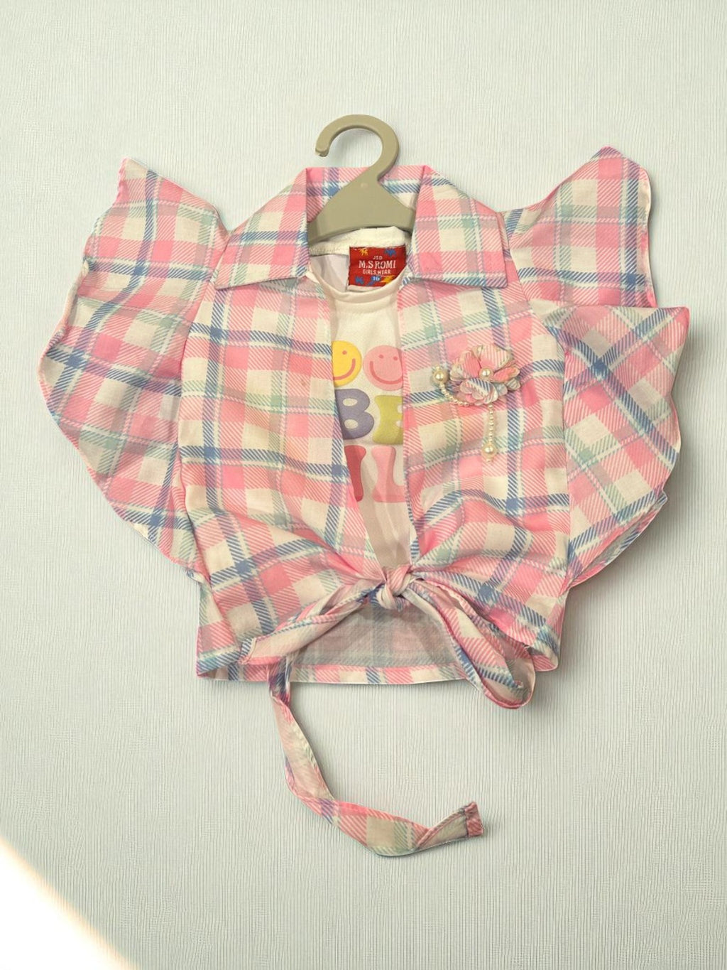 Girls 3-Piece Summer Outfit – Printed "Be Kind" Tee, Ruffle Sleeve Shirt & Denim Shorts - My Little Co.