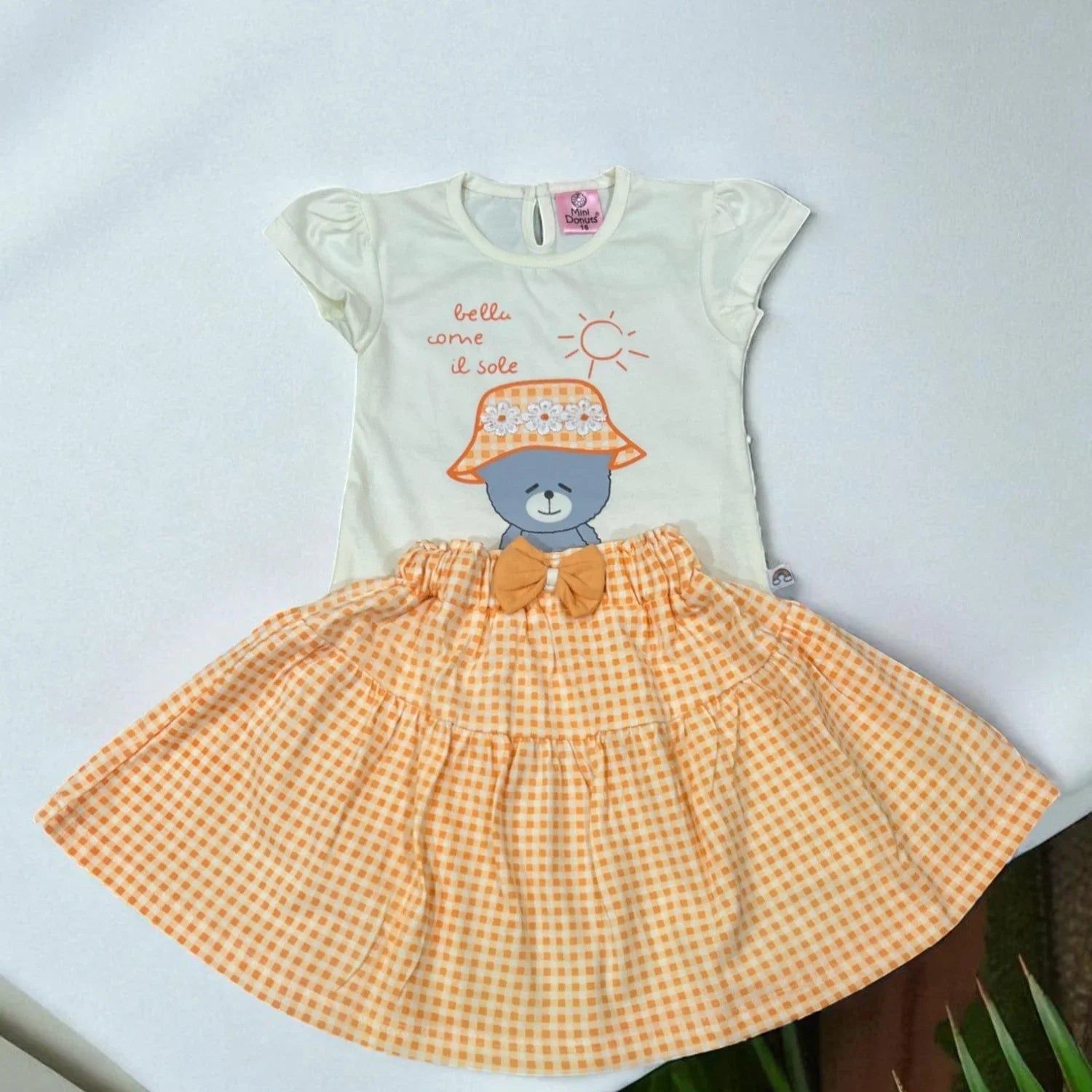 Cute Teddy Print T-Shirt & Green Gingham Skirt Set for Baby Girls - My Little Co.