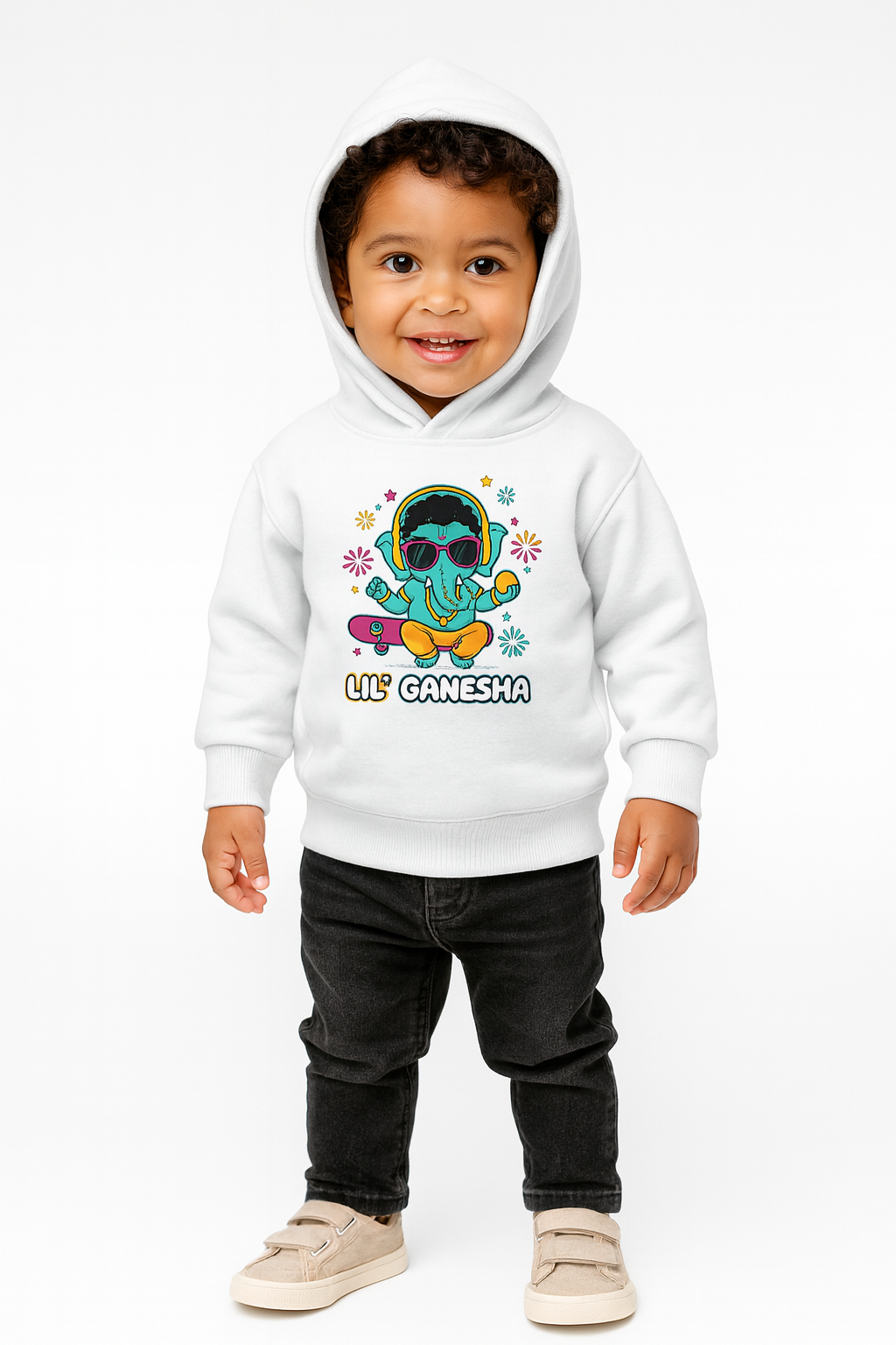 White Li'l Ganesha Skateboard print sweatshirt 100% cotton fleece for toddler ethnic wear.
