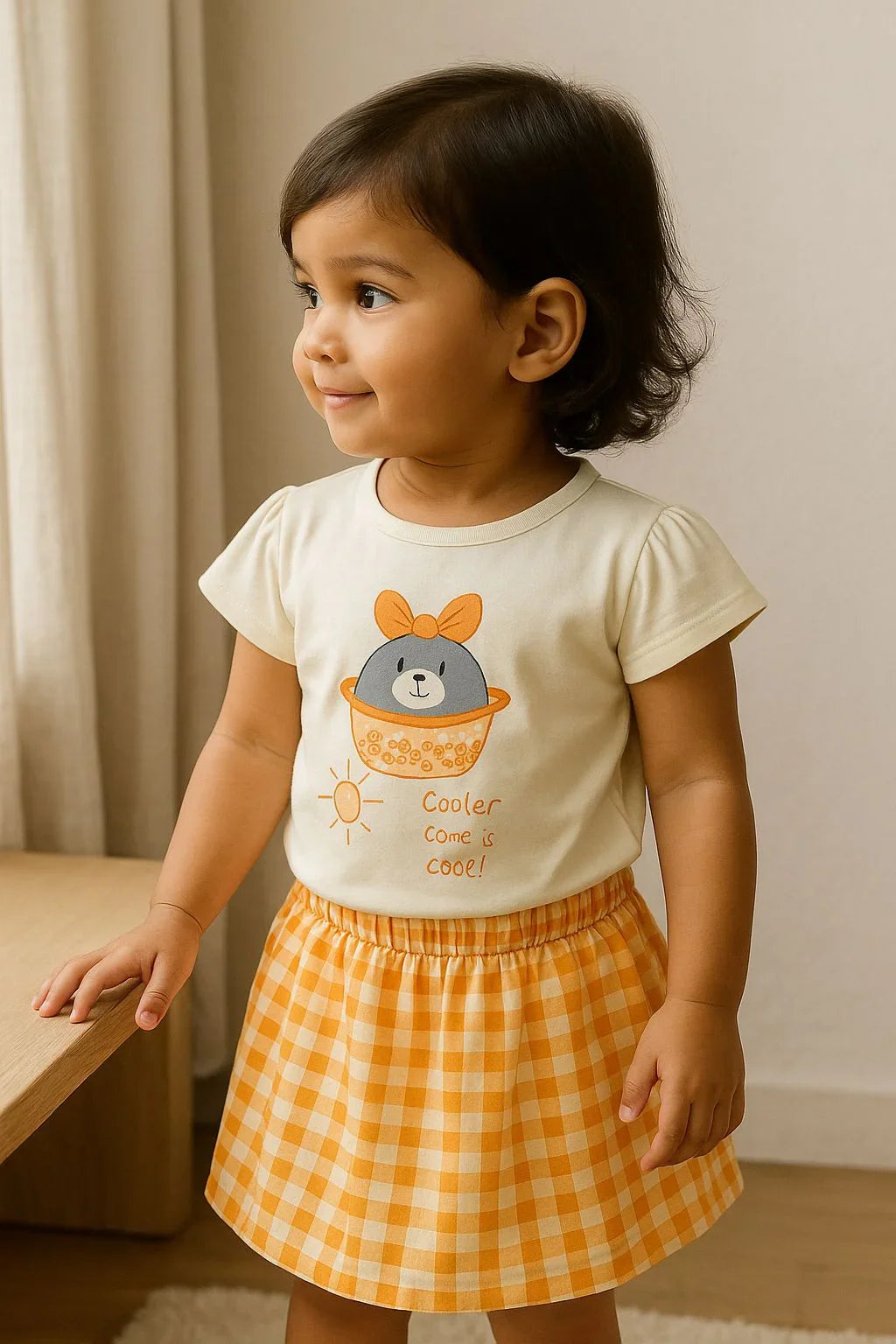 Cute Teddy Print T-Shirt & Green Gingham Skirt Set for Baby Girls - My Little Co.